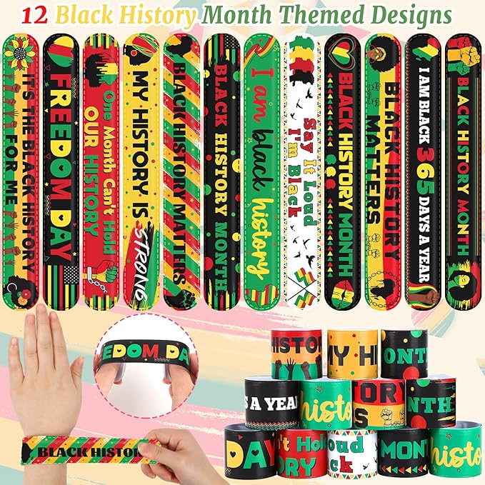 JUNEBRUSHS 50Pcs Black History Month Party Favors, Black History Slap Bracelets and Silicone Bracelets for Kids Adult Gifts Black History Month Wristbands Accessories Bulk for Black History Decoration