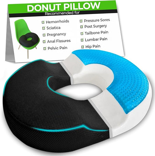 Donut Gel Sitting Pillow - Orthopedic Memory Foam for Tailbone Pain, Hemorrhoid, Bed Sores, Postpartum, Prostate, Coccyx & Sciatica Pain