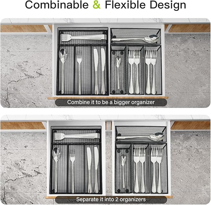 Neudeco Drawer Organizer Set 5 Pack - 4-Compartment Silverware Organizer Tray + 4 Utensil Trays, Kitchen Drawer Organizer for Flatware, Cutlery, Office Supplies, Black Mesh, Non-Slip.