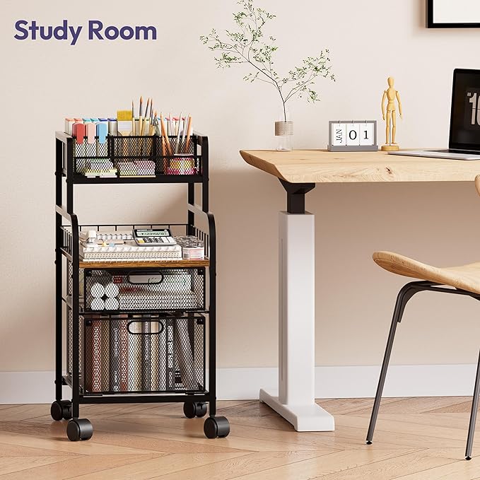 SWTYMIKI Rolling Cart with Drawers - Metal Utility Cart with Wood Shelf, DIY Divider and Locking Wheels, Craft & Art Cart Organizer for Under Desk Storage for Home Office Studio, Espresso