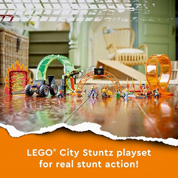 LEGO City Stuntz Double Loop Stunt Arena 60339, Monster Truck Playset with 2 Toy Motorcycles, Ramp, Wall of Flames, Ring of Fire, Snapping Snake Loop and 7 Minifigures, for Kids Ages 7 Plus