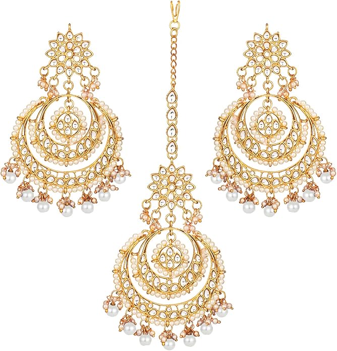 Aheli Bollywood Ethnic Chandbali Style Big Earrings Maang Tikka Set Traditional Fashion Jewelry Gift for Women