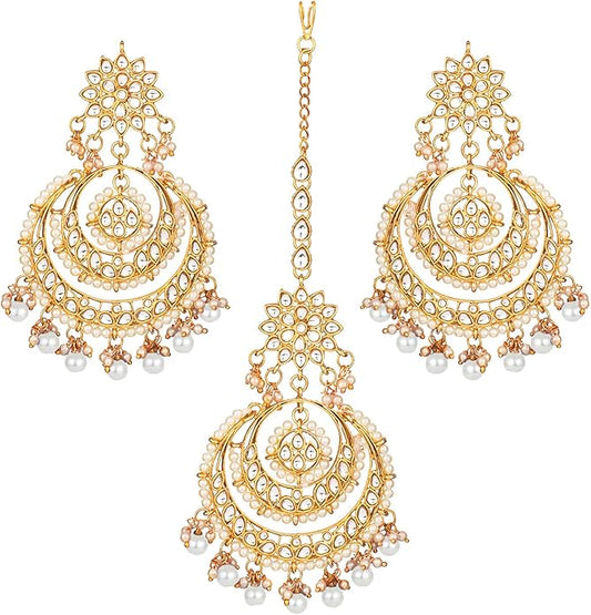 Aheli Bollywood Ethnic Chandbali Style Big Earrings Maang Tikka Set Traditional Fashion Jewelry Gift for Women