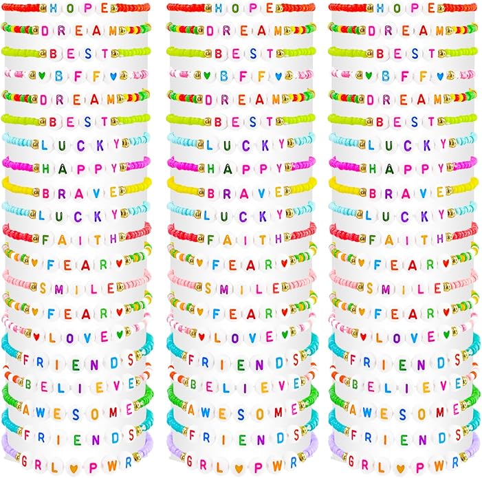 60 pcs Colorful Kids Friendship Bracelet Sets, Stackable Elastic Cute Beaded Bracelets Princess Pretend Play Bracelet Preppy Bracelets Bulk Set for Women Gift
