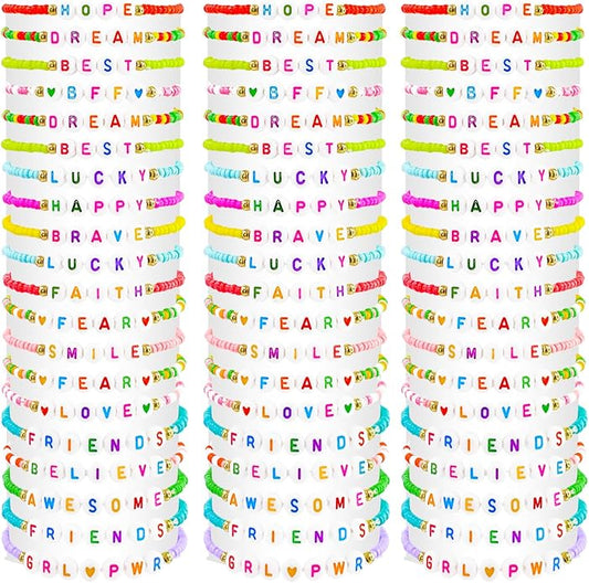 60 pcs Colorful Kids Friendship Bracelet Sets, Stackable Elastic Cute Beaded Bracelets Princess Pretend Play Bracelet Preppy Bracelets Bulk Set for Women Gift