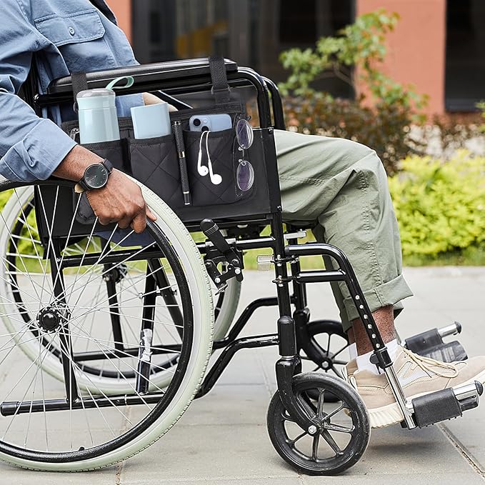 Noverlife 2 Pack Lengthened Wheelchair Side Organizer Bags, Detachable Band Wheelchair Armrest Storage Pouch for Walker, Rollator Bag Wheelchair Pouch Side Pocket Storage Bag for Electric Wheelchairs