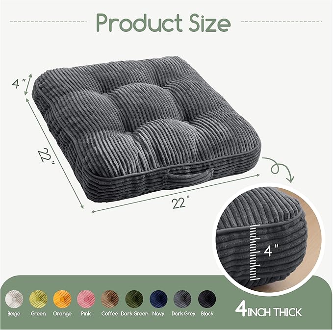 Washable Floor Pillow Cushion for Adults, Meditation Cushion Pillow, Large Square Floor Sitting, Removable Tufted Corduroy Cover, for Tatami Living Room or Yoga, 22x22 Inch, 2Pack, Machine Washable