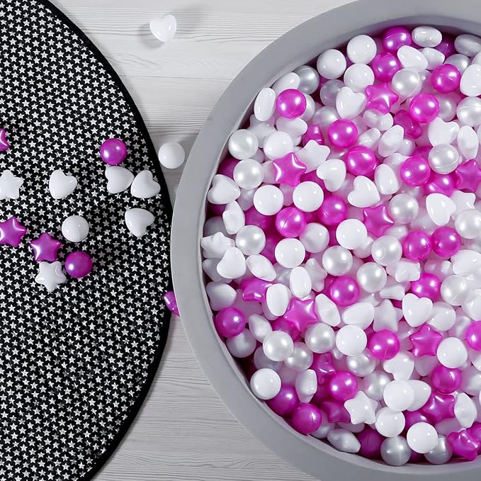 GOGOSO 100 Pieces Star Ball Pit Balls Plastic Phthalate&BPA Free Stress Balls for Toddlers and Kids Playhouse Ball Pit Accessories, Pearl Purple+Pearl Gray+Gray+White