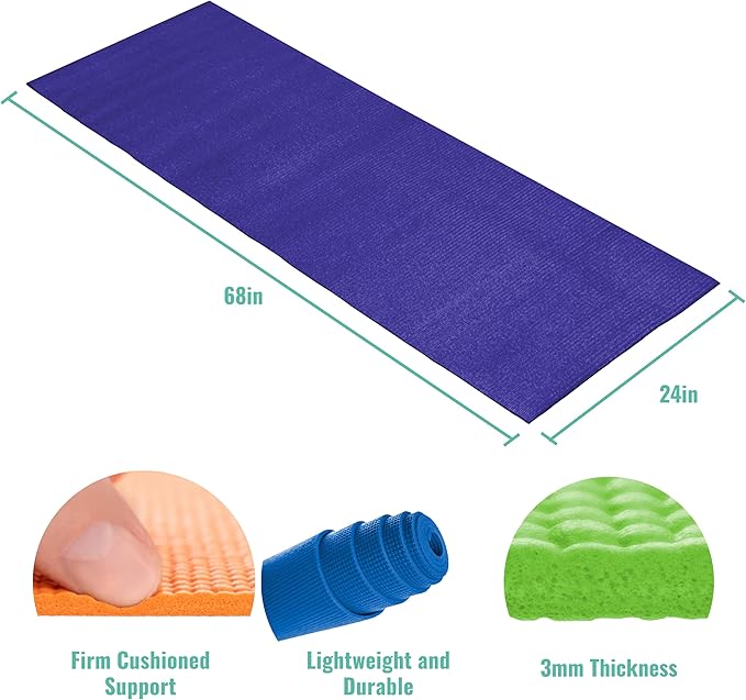 10 Pack Economy Yoga Mat, 68" x 24" Non Slip Exercise Mat, 3mm Thick Gym Mat, Bulk Non Toxic Yoga Mats for Home Workout and Studios