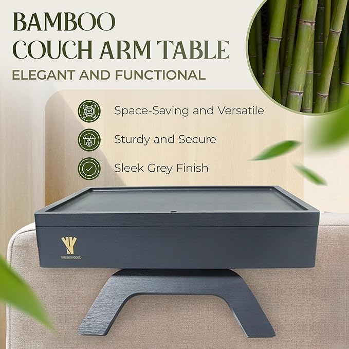 Bamboo Couch Arm Table, Sofa Arm Tray, 360 Rotating Table, Clip On Side Table for Couch, Perfect Size for Remotes, Storage and Includes 4 Bonus Coasters, 13x9.25x2.5in, Grey