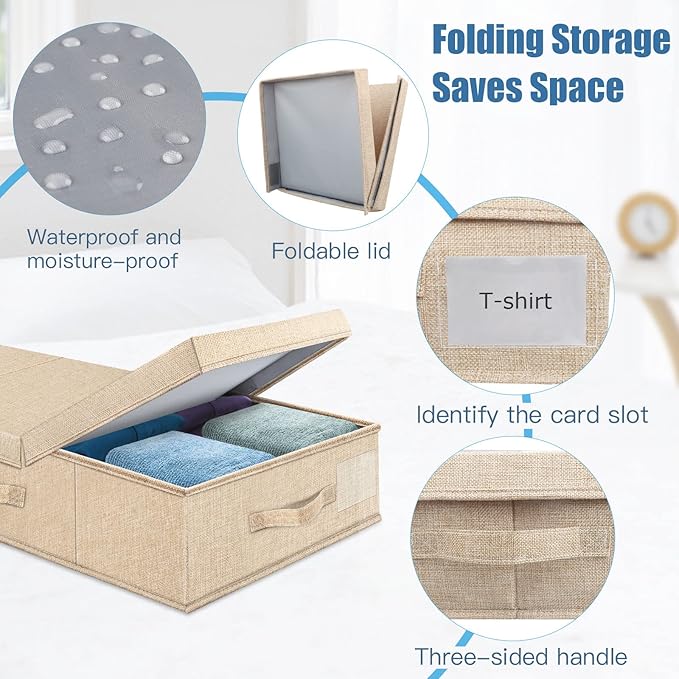 Underbed Storage Containers Bin with Lids (Set of 2) Large Under Bed Storage Organizer Box with Handle, Foldable Under the Storage Bags for Organizing Clothes, Shoes, Blankets, Pillows-Khaki