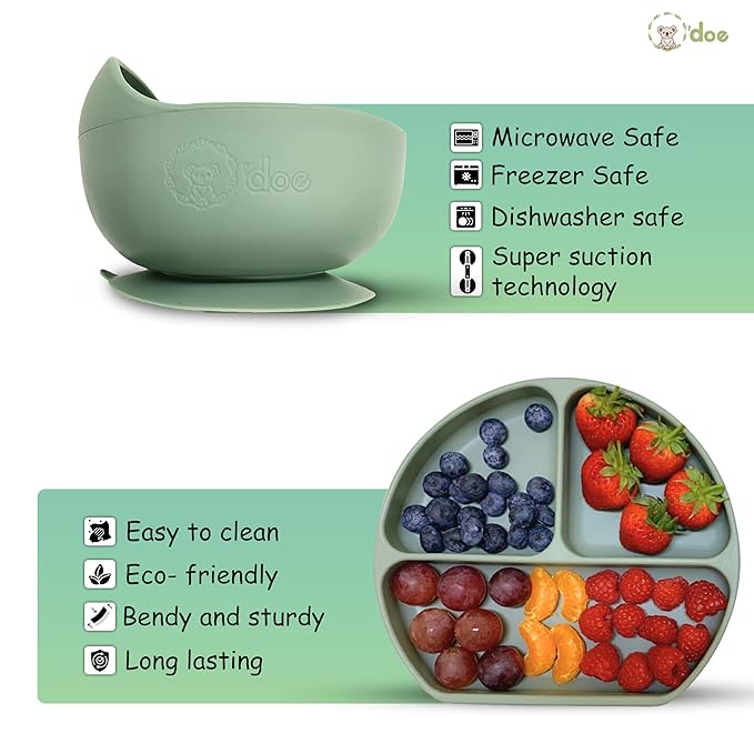 O'doe 11-Piece BPA-Free Silicone Baby Feeding Set | Thick & Soft Suction Plates, Baby Bowls, Wooden Fork & Spoon, and More | Make Mealtime Fun and Easy for Your Little One (Green, V1)