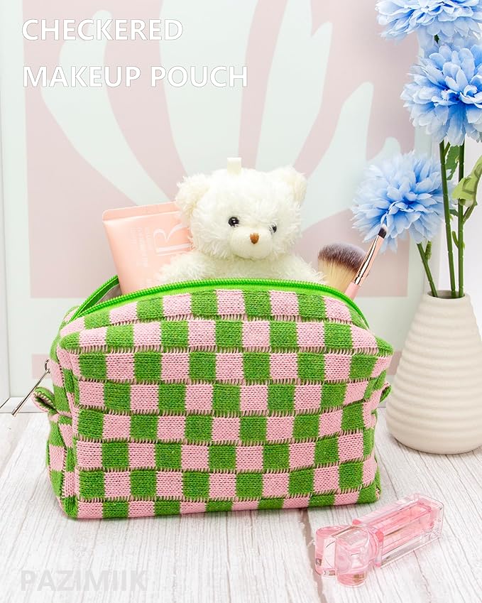 PAZIMIIK 6PCS Checkered Makeup Bag for Purse Portable Zipper Make Up Pouch Small Cosmetic Case for Travel Accessories Pink Green