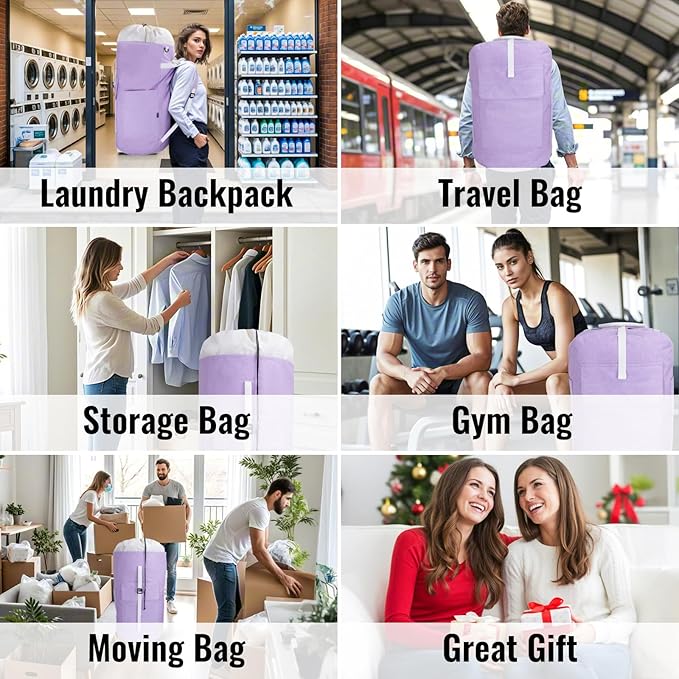 JOINPRO Laundry Bag Backpack, 125L Extra Large Travel with Shoulder Straps, Adjustable & Extendable Design, Laundry Hamper Bag with 3 Pockets for Laundromat, College, Travel, Camping (Purple)