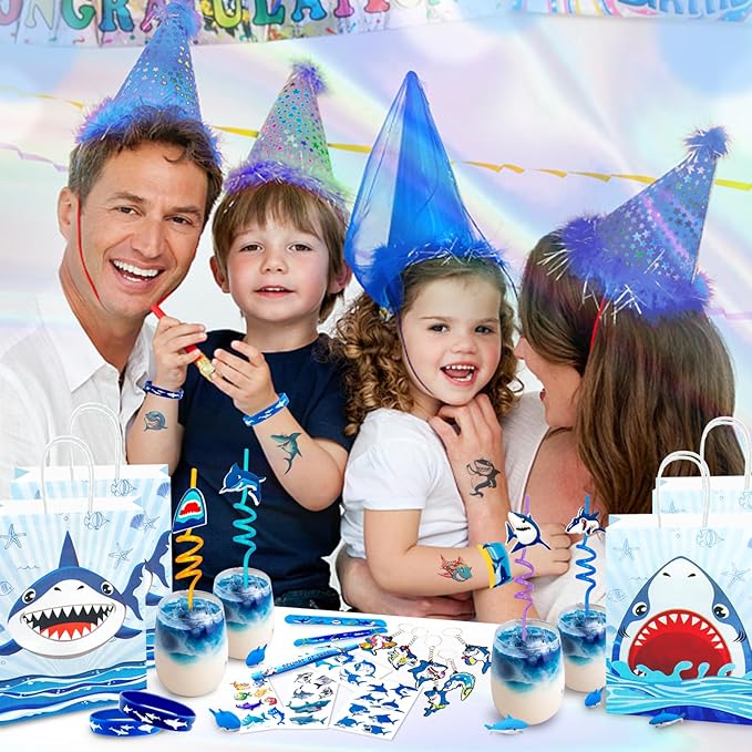 134 Pcs Shark Party Favors with Shark Straws Shark Bracelets Wristbands Tattoo Stickers Erasers Keychains Goodie Bags Under the Sea Party Favors Shark Birthday Party Decorations