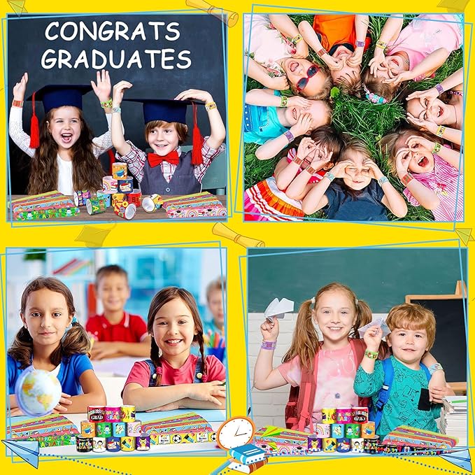 JUNEBRUSHS 56Pcs Kindergarten Graduation Slap Bracelets, Colorful Congrats Grad Bracelets Wristbands Kindergarten Graduation Gifts for Kids Preschool Kindergarten Graduation Party Favors Supplies