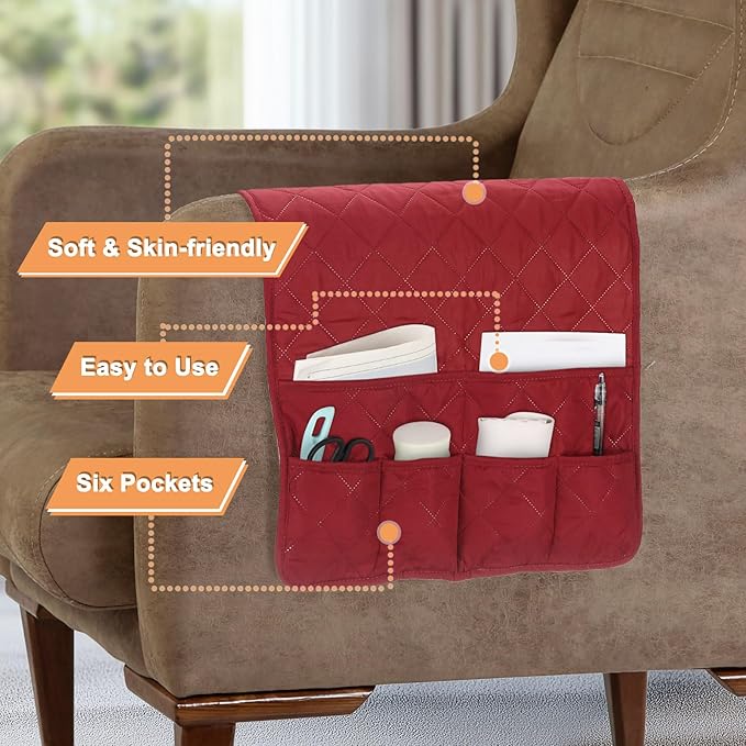 uxcell Couch Sofa Armrest Organizer Non-Slip Chair Arm Recliner Remote Control Organizer with 6 Pockets for Books, Magazines, Tablet, Phone, Plaid Wine Red