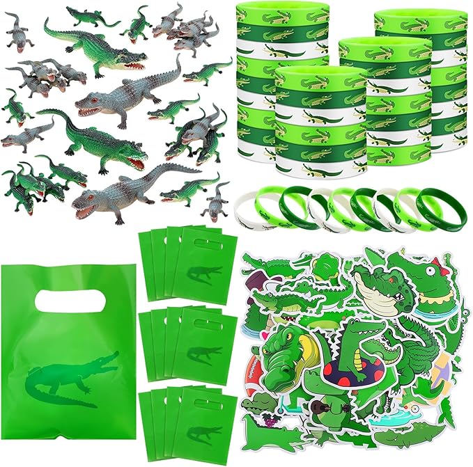 Leyndo 122 Pcs Crocodile Party Favors Gift Set Reptile Party Supplies Crocodile Birthday Party Supplies Reptile Party Favors Crocodile Silicone Wristbands Stickers Toy Bag for Reptile Party Supplies