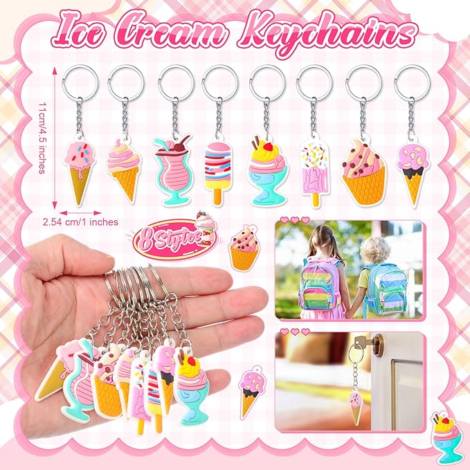 196 Pcs Ice Cream Party Favors Ice Cream Cone Stickers Cute Ice Cream Keychains Ice Cream Slap Bracelet for Ice Cream Theme Birthday Party Sweet Summer Baby Shower Classroom Rewards
