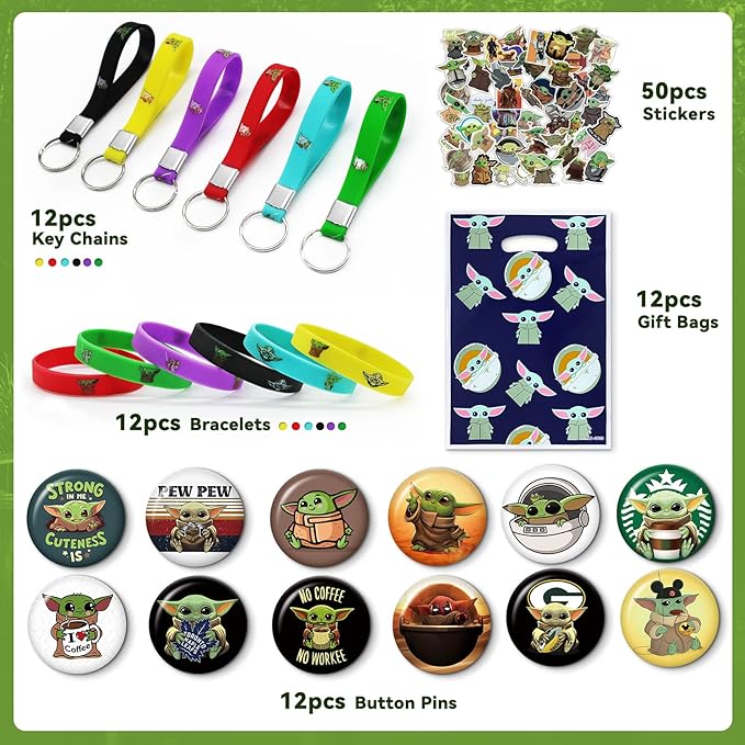 98Pcs Birthday Party Supplies, Baby birthday decorations Favors Set Include 12 Bracelets, 12 Button Pins, 12 Key Chains, 12 Gift Bags and 50 Stickers