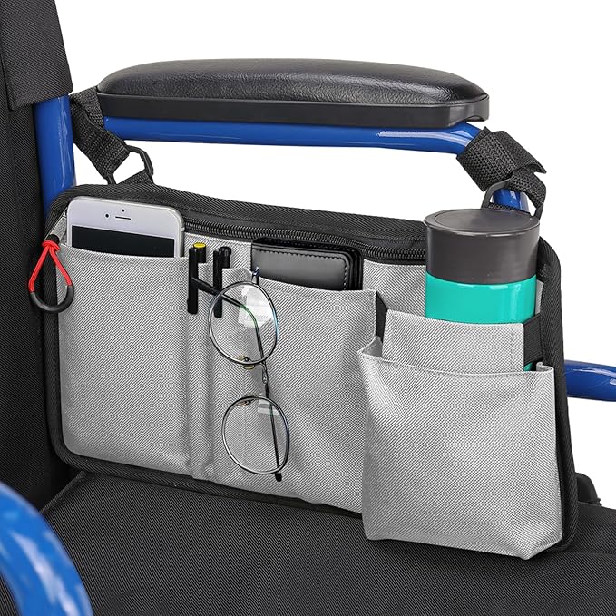 JOYTUTUS Walker Side Bag, Wheelchair Armrest Storage Pouch with Cup Holder, Wheelchair Accessories for Seniors, Walker Bag Cup Holder for Walker, Rollator, Electric Scooter or Wheelchair