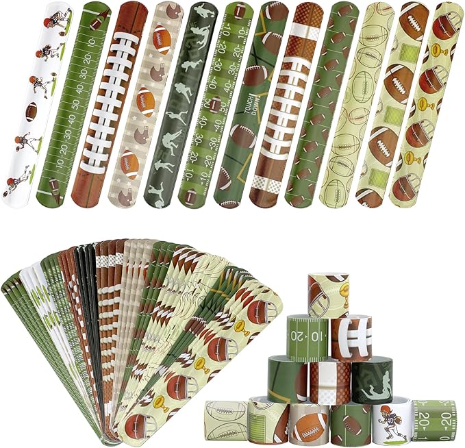 72PCS Football Slap Bracelets Wristband Football Party Favors, Football Birthday Rugby Match Party Supplies Kids Classroom Gifts, Sports Themed Bracelets for Kids and Adults, 12 Designs