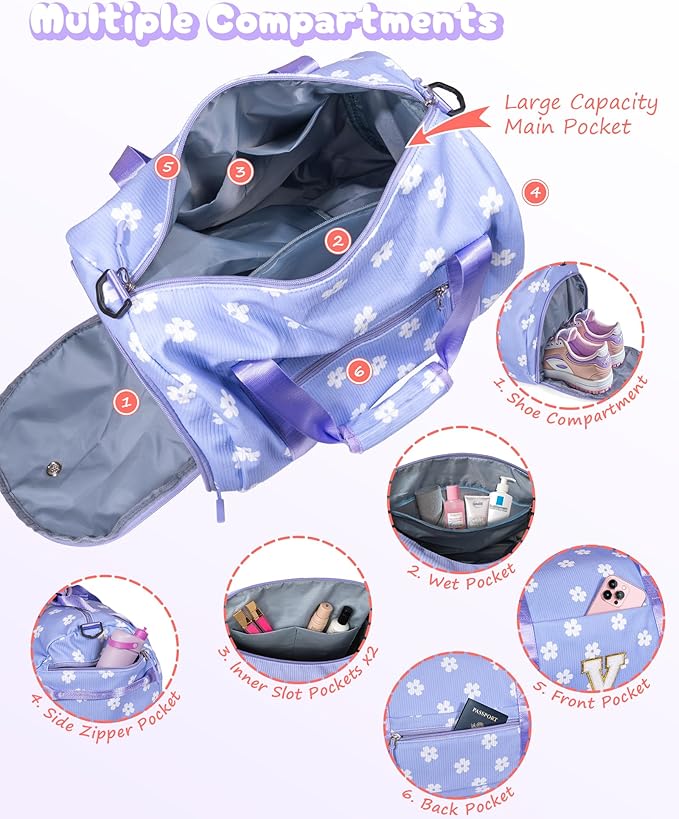 Gift for Sporty Cheerleader Girl, Girls Gym Bag, Kids Personalized Dance Bags with Shoe Compartment, Customized Travel Duffle with Toiletry Bag, Party Favors for Teenager (Letter Y)