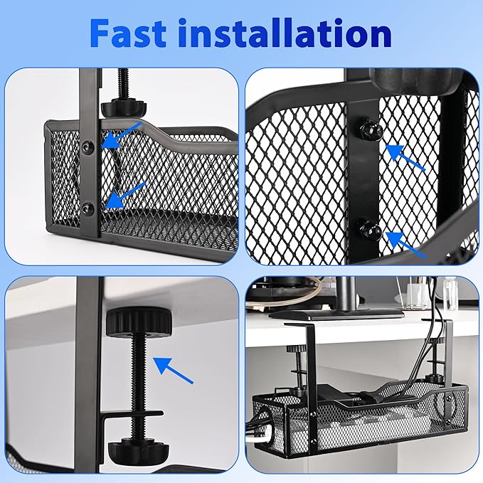 Under Desk Cable Management Tray Small – Clamp-Mounted Wire Organizer & Cord Management Under Desk Holder, No-Drill Metal Cable Tray for Home Office (Black)