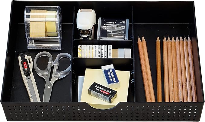CAXXA 2 Pack 3 Slot Drawer Organizer with Two Adjustable Dividers - Junk Drawer Storage for Office Desk Supplies and Accessories, Black (2 Pack)