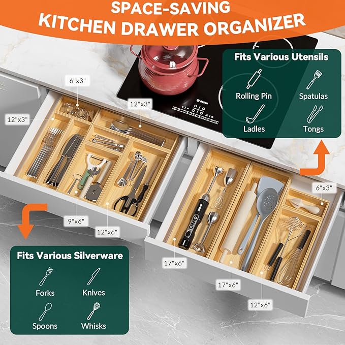 Lixple Bamboo Drawer Organizer, Narrow Stackable Cutlery Tray for Kitchen, 2 Pcs Silverware & Utensil Box, 12" x 3" x 2" (Outer), 11.3" x 2.3" x 1.77" (Inner)
