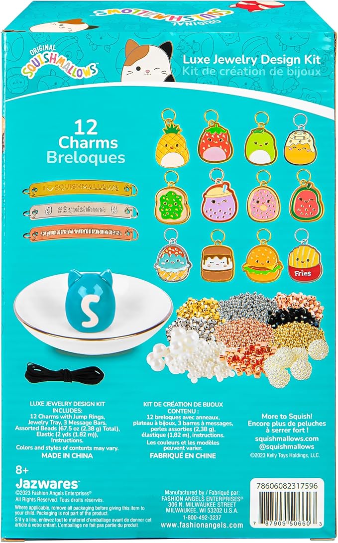 Fashion Angels Squishmallows Luxe Jewelry Design Kit, Includes Assortment of Beads, Charms & More, Makes 12+ Projects, Squishmallows Character Jewelry for Kids, Teen Girls & Boys