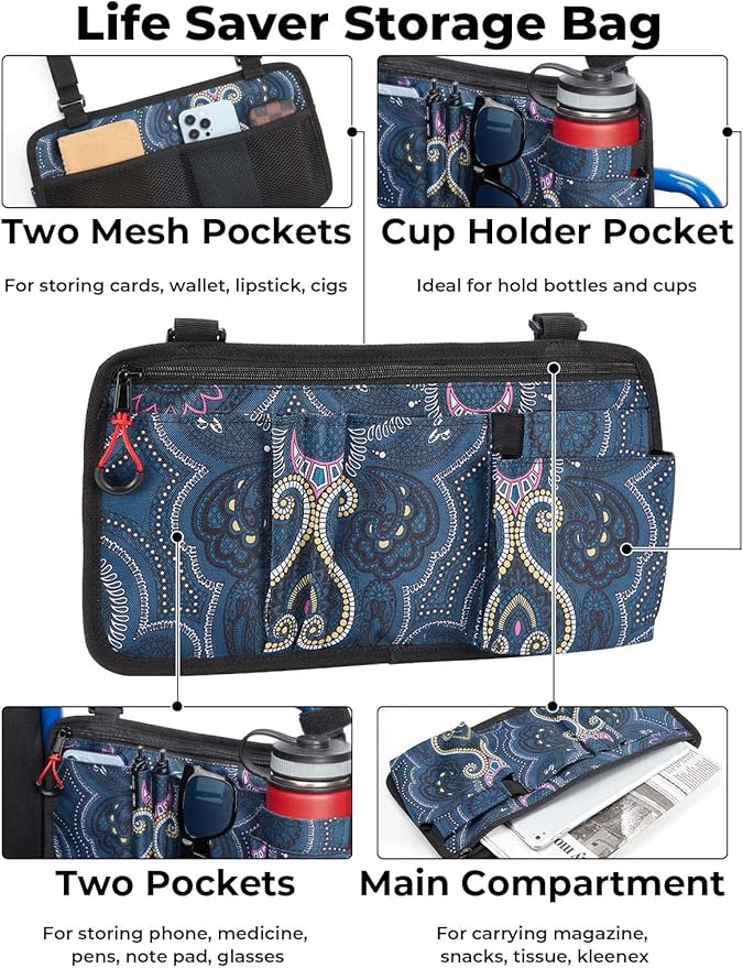 JOYTUTUS Walker Side Bag, Wheelchair Armrest Storage Pouch with Cup Holder, Wheelchair Accessories for Seniors, Walker Bag Cup Holder for Walker, Rollator, Electric Scooter or Wheelchair