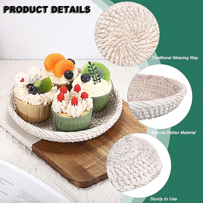 Hipiwe Small Key Basket Bowl for Entryway 7.6" Round Woven Wicker Basket Fruit Serving Tray Woven Basket Wall Decor Rattan Organizer Basket for Keys, Wallet,Whitewash