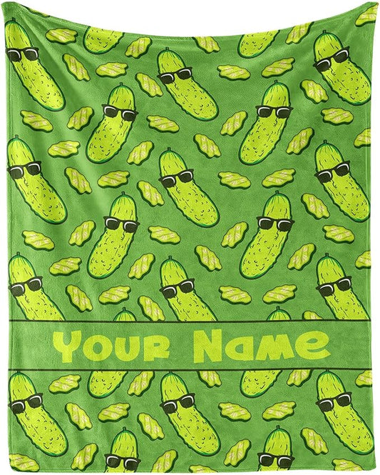 Custom Pickle Blanket with Name for Women Men, Personalized Cute Pickle Themed Design Printed Throw Blankets for Teens Adults Lap, Chair Sofa, Giftable Blanket, 50"x 60"