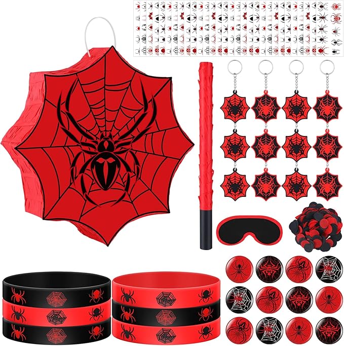 Leyndo 89 Pcs Spider Party Favors for Birthday, Includes Spider Piñata with Blindfold and Stick, 11.8"x11.8", 12 Keychains, 12 Wristbands, 12 Badges, 50 Stickers for Spider Birthday Party Decor