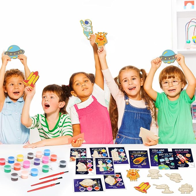 36Pcs Space Party Favors Space Cards with Art Supplies Outer Space DIY Wood Painting Craft Kits Astronaut Thank You for Coming Gifts for Kids Boys Girls Solar System Birthday Gift Bulk (Pre-Assembled)