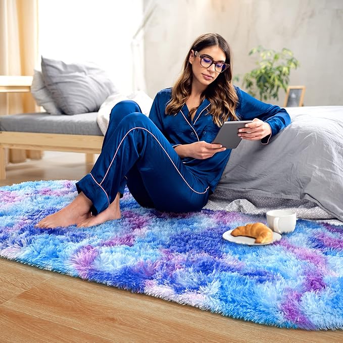 Noahas Oval Fluffy Purple Rainbow Rug 2.6X5.3 Small Kids Rugs for Bedroom Girls And Boys Aesthetic,Bedside Bedroom Rug,Ultra Soft Runner Carpet Modern Shaggy Nursery Area Rugs Home Decor''