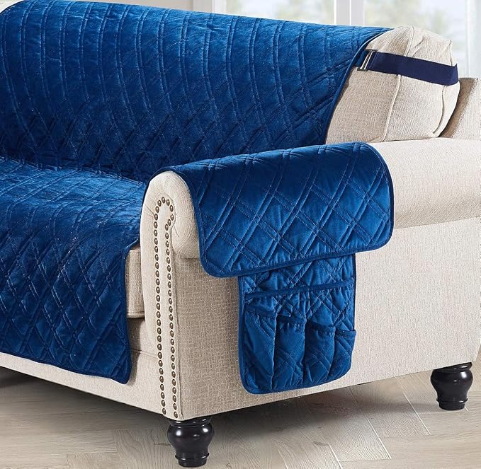 Brilliant Sunshine Blue Velvet Couch Sofa Armrest 5 Pockets Organizer, Slip Resistant Recliner Armchair Caddy, Washable Remote Controls Holder, Storage for Magazine, Tablet, Phone, 35×13", Dark Blue