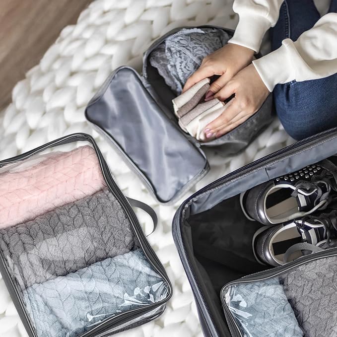 6 Pieces Large Clear Travel Packing Cube Clear Vinyl Zippered Storage Bags See Through Moving Bag PVC Multipurpose Pouch with Handle for Suitcase Shirts Dress Storage (Gray, 15.8 x 10.2 x 3.9 Inch)