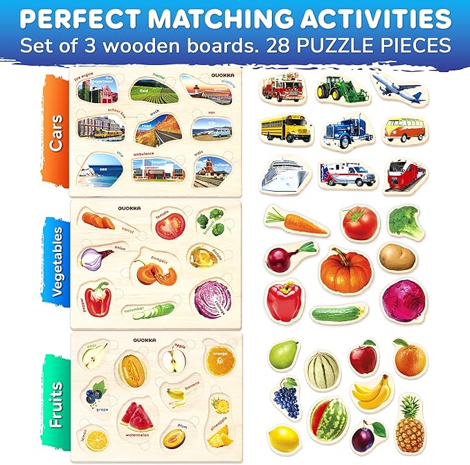 QUOKKA Wooden Puzzles for Toddlers 1-3 – 3xSET Kids Puzzles Ages 2-4 – Montessori Toy Puzzles for Toddlers 3-5 – Wood Toy Learning Realistic Fruits - Cars - Vegetables for Boy and Girl