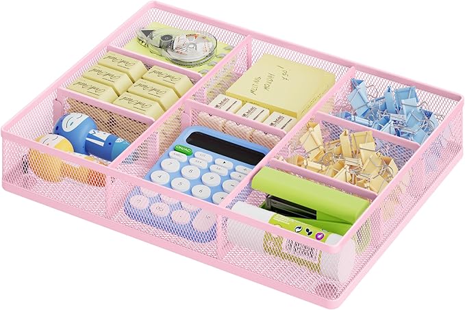 Marbrasse Pink Desk Drawer Organizer, Metal Mesh Drawer Organizer Tray with 5 Adjustable Compartments,Desk Organizers and Accessories for Home,Office,Kitchen,Makeup,Vanity (Pink)