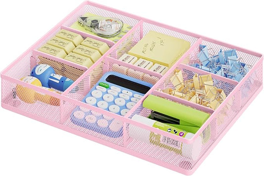 Marbrasse Pink Desk Drawer Organizer, Metal Mesh Drawer Organizer Tray with 5 Adjustable Compartments,Desk Organizers and Accessories for Home,Office,Kitchen,Makeup,Vanity (Pink)