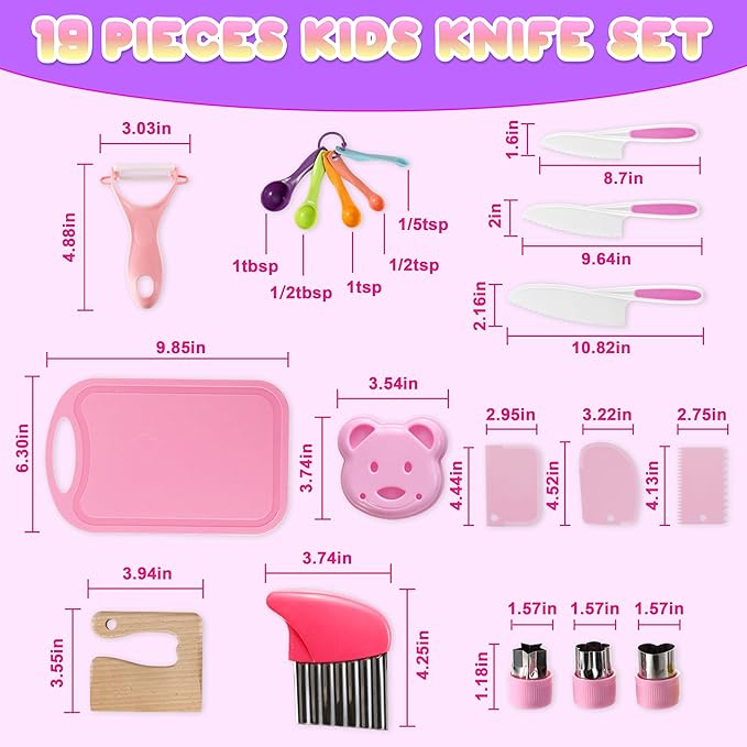 19 Pieces Kitchen Tools-Kids Cooking Sets Real-Toddler Knife Set for Real Cooking, Montessori Toys for 3+,Toddler Utensils with Safe Knives Crinkle Cutter Cutting Board