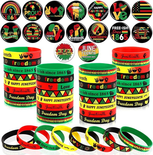 64PCS Happy Juneteenth Day Party Favors Supplies Freedom Day Button Badges Pins Silicone Bracelets for African American Juneteenth Free-ish Since 1865 Party Decorations Bag Stuff Fillers