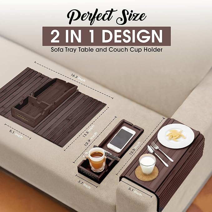 Couch Cup Holder with 2 Cork Coasters | Couch Caddy with Detachable Tray | Anti-Slip Foldable Armrest Sofa Tray, Anti-Spill Holder for Remote, Snacks, Cellphone - Ideal Gift (Walnut)