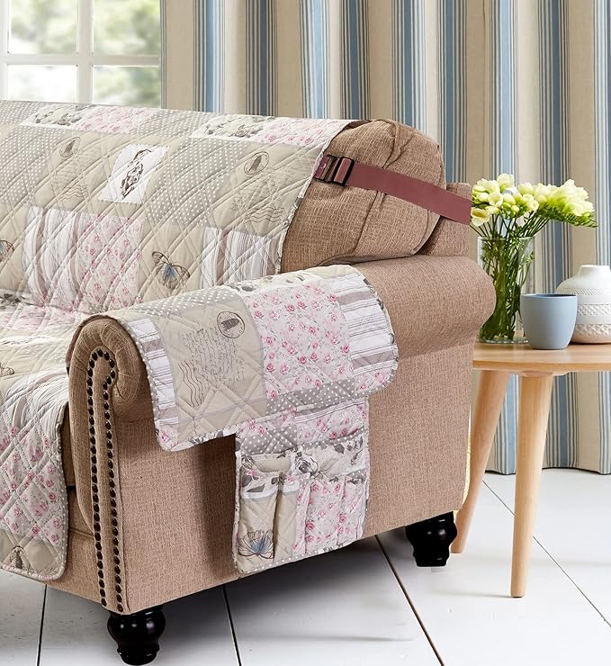 Brilliant Sunshine Grey Cupid and Pink Rose Patchwork Sofa Armrest 5 Pockets Organizer, Slip Resistant Armchair Caddy, Washable Remote Controls Holder, Storage for Magazine, Tablet, 35×13",Pink Grey