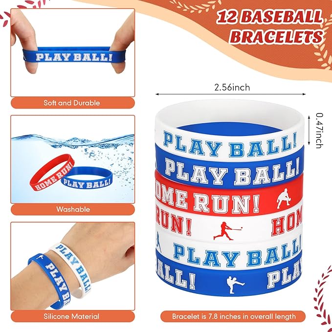 LEIFIDE 48 Pcs Basketball Soccer Football Baseball Party Favors Supplies 12 Silicone Bracelet 12 Drawstring Treat Bag 12 Mini Stress Ball 12 Keychains for Birthday Sports Party Supplies(Baseball)