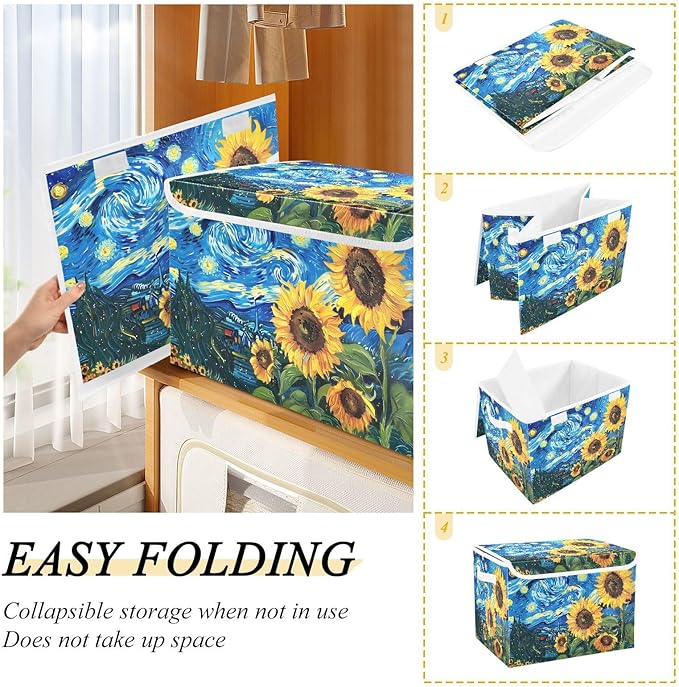 senya Large Storage Bins with Linen Collapsible Foldable Storage Cubes Fabric Closet Organizer Containers box with Flip-Top Lid for Home Bedroom Office 16.7 x 12.6 x 11.8in (Sunflowers Sky)