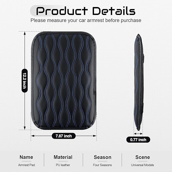 Amiss Auto Center Console Pad, Universal Waterproof Armrest Seat Box Cover, Car Interior Accessories, Leather Auto Armrest Cover Protector for Most Vehicle, SUV, Truck (Blue-Line)