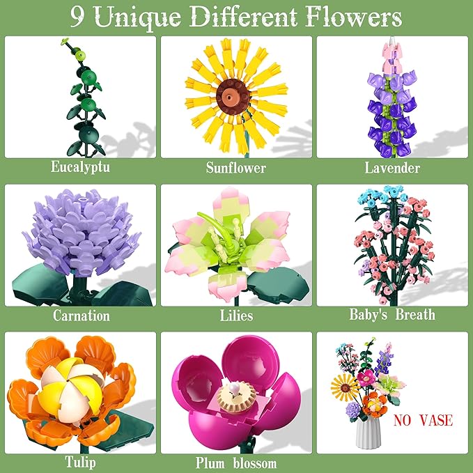 Flowers Bouquet Building Set, DIY Home Offic Botanical Bouquet Decoration Kit, Creative Gift for Women, Girls, Kids, Adults - Great for Birthdays, Christmas and More (861Pcs)